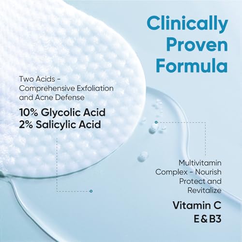 Elvira Glycolic Acid Exfoliating Facial Pads With 10% Glycolic Acid, 2% Salicylic Acid & Niacinamide - 60 Toner Pads, Daily Peel Treatment for Acne Prone Sensitive Skin