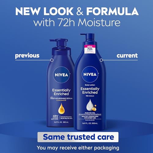 NIVEA Essentially Enriched Body Lotion for Very Dry Skin with Hyaluronic Acid, Almond Oil and Deep Nourishing Serum, 72-Hour Body Moisturizer, 16.9 Fl Oz Pump Bottle, Pack of 2