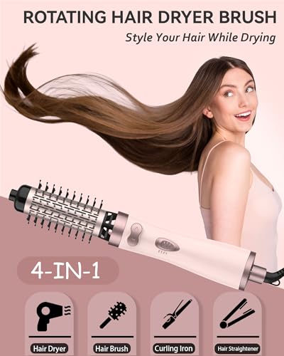 ANWA Rotating Hair Dryer Brush, 4-in-1 Hot Air Styler and Rotating Brush, Rotating Blow Dryer Brush with 2 Detachable Brushes(1.5"& 2"), Pink