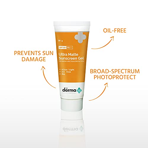 The Derma Co Ultra Matte Sunscreen Gel with SPF 60 & PA+++ | Broad Spectrum Protection | Helps Prevent Sun Damage | Oil-Free Formula for Acne-Prone Skin | 1.76 Oz/50g