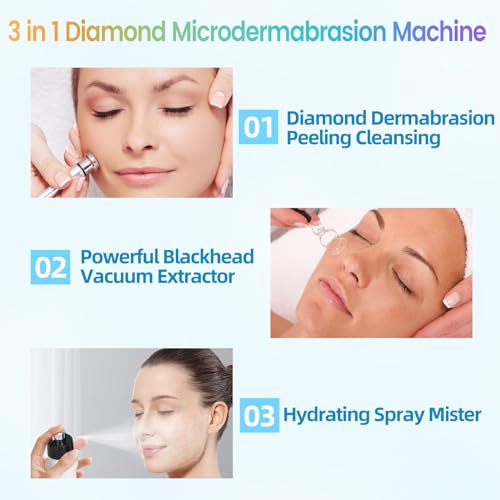 Diamond Micro-Derma-Dermabrasion Machine, 3 IN 1 Dermabrasion Facial Machine 0-68cmHg Suction Power, Professional Diamond Glow Facial Machine with Spray Kit, Home Use Facial Skin Care Equipment