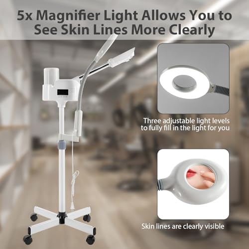 Professional Facial Steamer 2 in1 Steamer for Face 5X LED Magnifying Lamp Facial Steamer for Esthetician Beauty Face Equipment Use at Home or Salon（White）