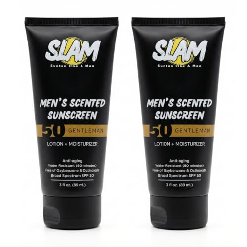 SLAM GentleMan Men's Sunscreen Lotion SPF 50 & Moisturizer – Face & Body Sunblock, Anti-Aging, Water-Resistant, Hawaii Act 104 Safe, Skincare for Men, Cologne Scented – 3 fl oz. each. Double pack.