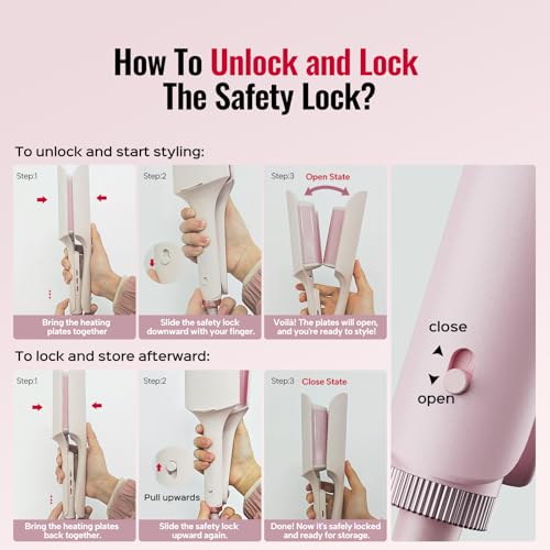 Hair Waver LENA S16 Beach Waves Curling Iron, Hair Tool for Women with 3 Titanium Ceramic Barrels, Anti-Scald Protection, Smart Timer & Adjustable Temps, Dual Voltage, 1.25 Inch, Pink