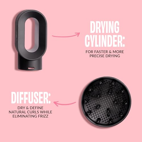 Foxybae Super Styler – 4-in-1 Blow-Dryer Brush Set - Diffuser, Blowout-Brush, 1.25” Curling Barrel & Drying Cylinder - Voluminous, Frizz-Free Hair - Dryer, Straightener & Curler (Black Rose-Gold)