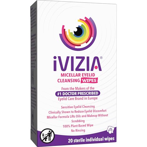 iVIZIA Eyelid Cleansing Wipes for Sensitive Eyelid Cleansing, Preservative-Free, Micellar, No Rinse, Gentle Eye Makeup Remover, 20 Sterile Single-Use Wipes for Eyelids Packaging May Vary