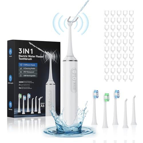 Electric Flosser for Teeth | 3-in-1 Water Dental Floss & Toothbrush & Water Flosser with 4 Modes，Cordless Power Flossers with 50 Replacement Heads for Adults (White)