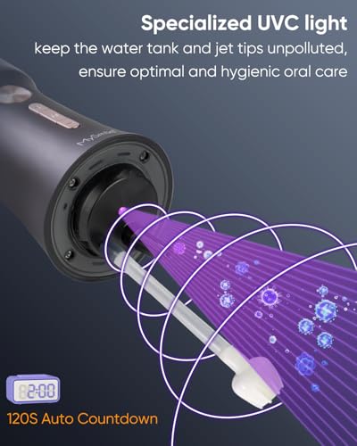 MySmile LP221 Cordless Water Flossers for Teeth with UVC Light Sanitizer and OLED Display, 335ML 4 Modes Water Teeth Cleaner Picks for Teeth Cleaning and Water Flossing (Midnight Black)