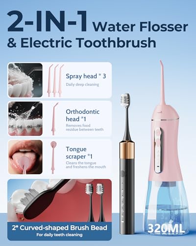 Electric Toothbrush Water Flosser Adults, Sonic Electric Toothbrush and Electric Floss for Adults and Kids, Water Dental Picks, Cleaning and Flossing Dental Care, Waterproof