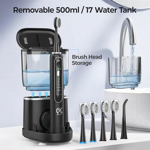 Professional Flossing Electric Toothbrush with Water Flosser, 2 in 1 Toothbrush and Water Flosser Combo, Sonic Electric Toothbrush Cordless Flossing Brush (Black)