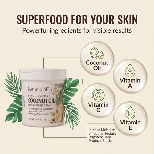 NATURE WELL Hydrate & Soften Coconut Oil Moisturizing Cream for Face, Body, & Hands, Non-Greasy, Intense Hydration & Luxurious Feel, Revives Dry & Sensitive Skin, Superfood for Your Skin, 16 Oz