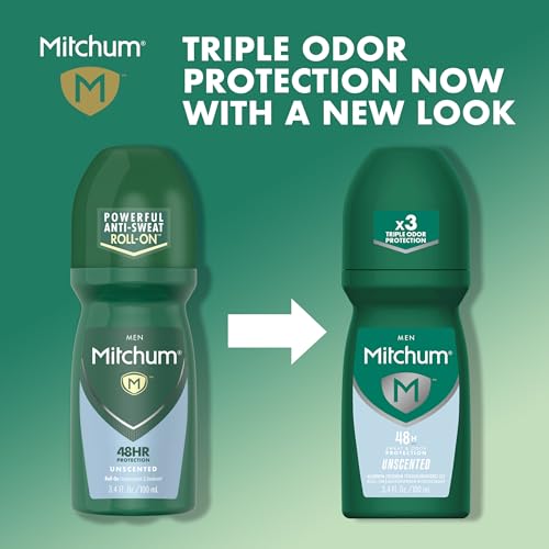 Mitchum Men’s Antiperspirant Deodorant, Roll-On Applicator, Unscented, 48HR Sweat & Odor Protection, Quick-Drying Formula, Dermatologist Tested, 3.4 oz