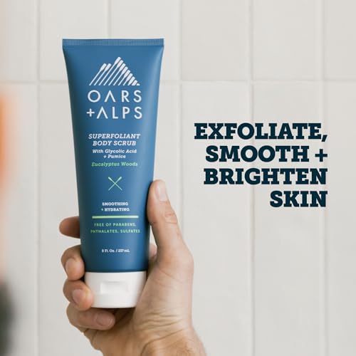 Oars + Alps Superfoliant Body Scrub, Body Scrub for Men with Glycolic Acid, Niacinamide & Pumice, Coconut Oil, Made with Clean Ingredients, Cruelty Free, Paraben Free, Vegan, Eucalyptus Woods, 8oz