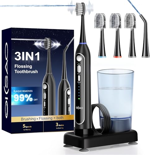 Electric Toothbrush with Water Flosser Combo,5 Flossing Speeds & 3 Brush Modes for Adults,Sonic 2.0 Professional Flossing Toothbrush for Teeth Cleaning,Portable for Travel,30-Day Battery, Black
