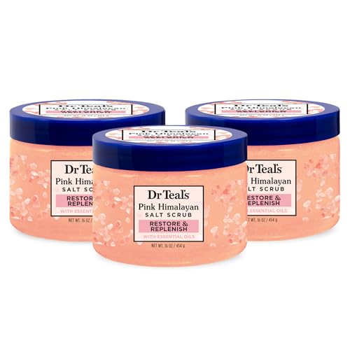 Dr Teal's Pink Himalayan Salt Body Scrub, Restore & Replenish with Pure Epsom Salt & Essential Oils, 16 oz (Pack of 3)