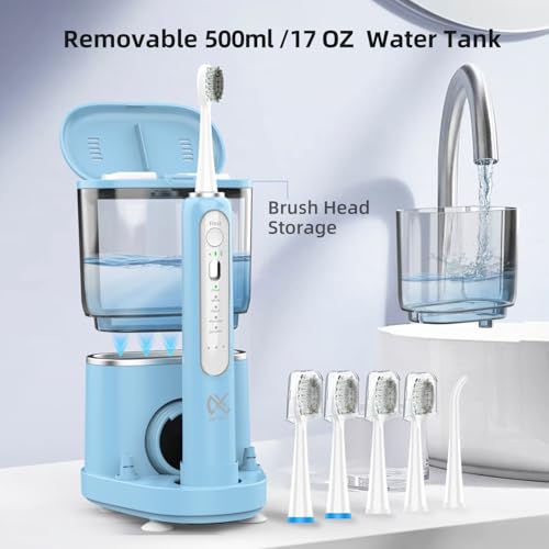 Professional Flossing Electric Toothbrush with Water Flosser, Water Flossers for Teeth 2 in 1 Toothbrush and Water Flosser Combo, Sonic Electric Toothbrush Cordless Flossing Brush (Blue)