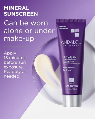 Andalou Naturals Age Defying Ultra Sheer Daily Defense Mineral Sunscreen SPF 30 | Face Lotion with Zinc Oxide | Lightweight Anti-Aging Sun Protection | 2.7 fl oz