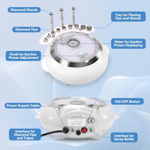 Diamond Microdermabrasion Machine, TopDirect 3 IN 1 Professional Dermabrasion Skincare Device for Adjustable Suction Facial Treatment (Suction Power: 0-68cmHg)