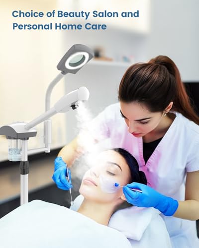 Kingsteam Professional 2-in-1 Facial Steamer with 5X Magnifying Lamp, Salon Grade Hot Mist Esthetician Device, Adjustable Timer, 2 Steam Levels, 3-Level LED Light, White