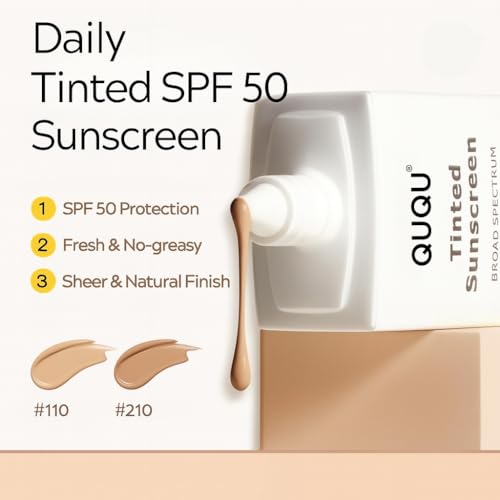 QUQU Daily tinted Sunscreen SPF 50 - Airy-Light tinted mineral Moisturizer with Zinc Oxide Broad Spectrum SPF 50 Protection, Lightweight Makeup Finish, Hydrating Skin Care, FSA-Friendly Size #210