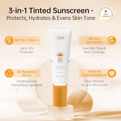 VGO Tinted Sunscreen for Face SPF 50, Tinted Moisturizer with SPF, Face Sunscreen for Women, Sweat Resistant Oil Free with No White Cast, 1.76oz