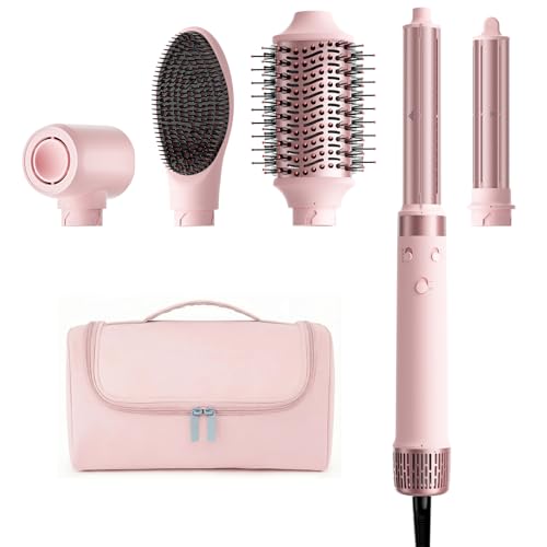 MESCOMB Dual Voltage Hot Air Styler Wrap - 5 in 1 Hair Dryer Brush with Fast Drying Blow Dryer, Styling, Straightening & Volumizing with Travel Bag (100V–240V) -Pink