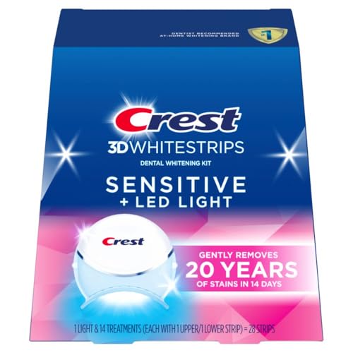 Crest 3D Whitestrips Sensitive & Gentle + LED Light – Teeth Whitening Kit, 1 Light + 14 Treatments, Each with 1 Upper/1Lower, 28 Strips – Crest 3DWhite Teeth Whitening Strips