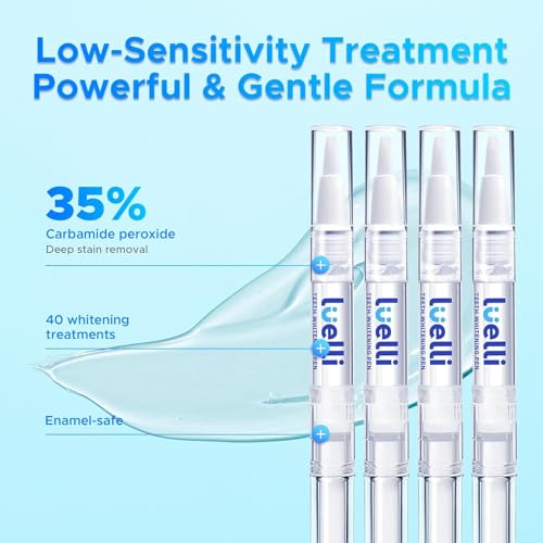 Luelli Teeth Whitening Pen, 50+ Uses - Travel Size Professional Tooth Whitener Gel, Extra Strength Organic Teeth Bleaching Gel for Sensitive Teeth, Instant Stain Removal, Simply White Smile, 4 Count
