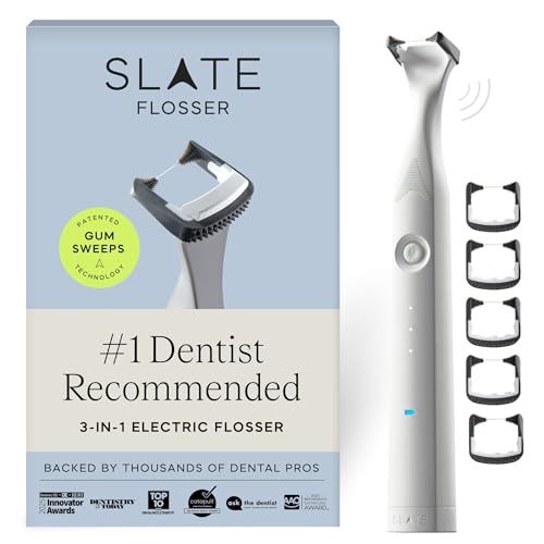 Slate Electric Flosser - Rechargeable | 3-in-1 Dentist-Invented with Reusable Floss Heads, Gum Brushes & Tongue Scraper | More Effective Than String or Water Floss