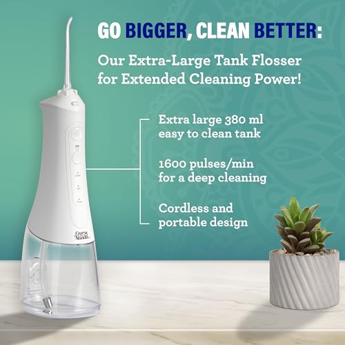 GuruNanda Water Dental Flosser 2.0 XL – 380ML Large Tank, 4 Flossing Modes, Cordless & Portable with Smart Timer for Deep Cleaning & Happy Gums - White