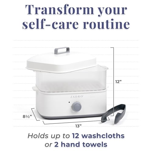 Zadro Towel Steamer with Tongs, 850W Heater, 8L Tray, 1.7L Tank, 30-min Timer for Facials, Manicures, Pedicures, Shaving (13"x12", 120V/850W, 8L, White/Gray)