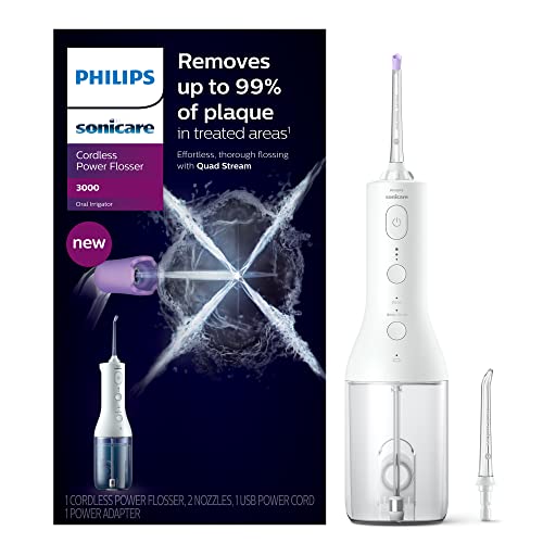 Philips Sonicare Cordless Power Flosser 3000, Water Flosser with Innovative Quad Stream Technology, Oral Irrigator with 2 Flossing Modes and 3 Intensity Levels, Ergonomic Design, White, HX3806/21