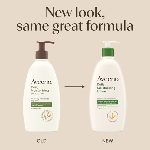 Aveeno Daily Moisturizing Body Lotion, Body Lotion for Dry Skin with Prebiotic Oat, Paraben Free, Fragrance Free, Non-Greasy, Non-Comedogenic Moisturizer, 18 FL OZ