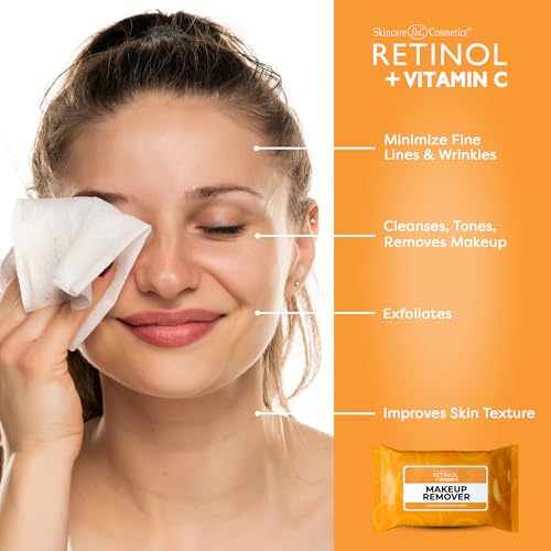 LIVAURA Retinol + Vitamin C Individually Wrapped Makeup Remover Wipes, travel essentials for Travel & On the Go, women facial cleansing towelettes, removes makeup & sunscreen - 30 single face wipes