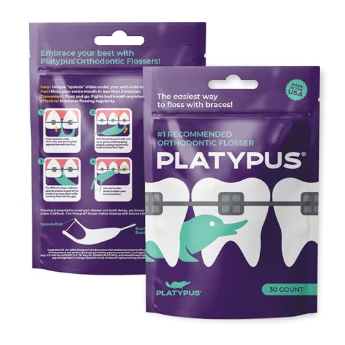 Platypus Orthodontic Flossers for Braces, 30 Count (Pack of 1), Ortho Picks for Adults & Kids, Fits Under Arch Wire, Non-Damaging, Encourage Flossing Habits