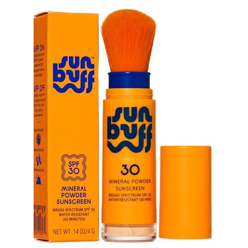 Sun Buff Powder Sunscreen Brush SPF 30 - Mineral Sunscreen for Scalp, Face, & Body - Water Resistant 80 Min | Brush On Powder, Zinc Oxide UVA UVB Protection, Travel Size 0.14oz, Made in USA