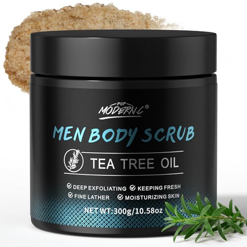 Men Body Scrub with Tea Tree Oil Exfoliating Body Scrub for Men Improve Odor Smooth Rough Skin Body Exfoliator Scrub for Back Chest Shoulders Butt Legs Mens Exfoliating Body Wash with 2% BHA 10% AHA