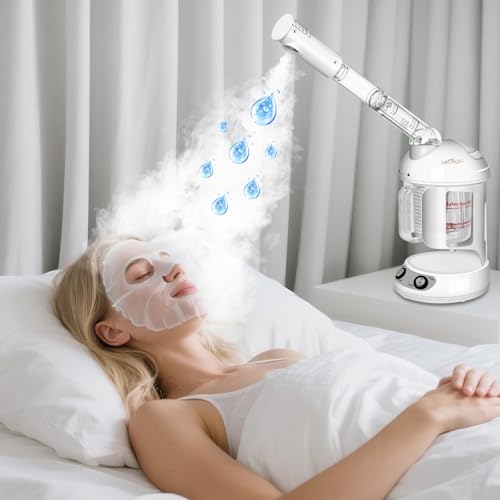 Nano Ionic Facial Steamer with Removable Water Cup, Face Steamer 360° Rotatable Sprayer Warm Mist Face Humidifier for Home and Beauty Salon, Facial Deep Cleaning (White)