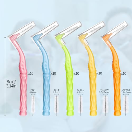 50pcs Interdental Brushes, 5 Sizes Braces Brush Set Soft Dental Brushes with Non-Slip Handle Angled Head Tooth Picks Floss Sticks Dental Floss Brushes for Braces Oral Cleaning