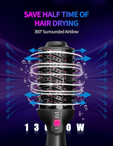 1300W Hair Dryer Brush,4 in 1 Blow Dryer Brush Anti-frizz Ceramic Titanium Barrel with ALCI Safety Plug Professional Salon Hot Air Brush for All Hair Types (Black)