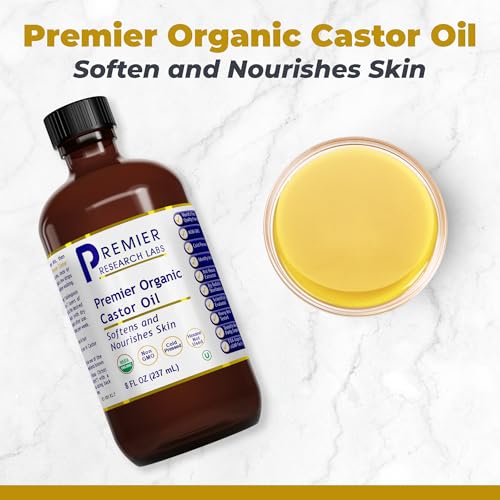 Premier Research Labs Organic Castor Oil for Face - Cold Pressed 100% Pure Castor Oil for Hair Growth, Skin & Body, Hexane Free - 8 Oz Bottle