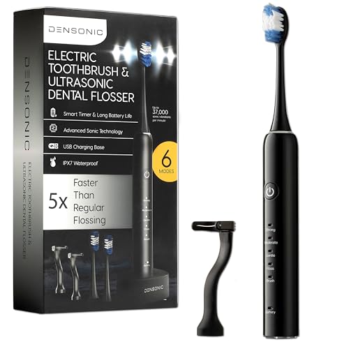 Electric Toothbrush and Flosser Combo Kit | Deep Clean Rechargeable Toothbrush | Easy Gliding Dental Floss for Gentle Gum Care | Cordless Sonic Power | 6 Cleaning Modes | Black
