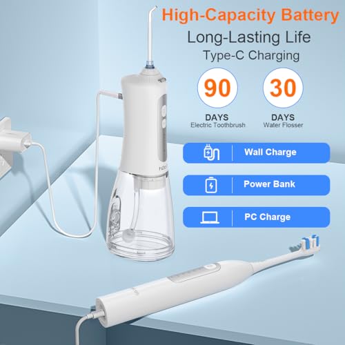 H2ofloss Sonic Electric Toothbrush and Water Flosser Combo, Rechargeable 2000mAh Toothbrush and 2500mAh Oral Irrigator with 300ml Tank, 4 Brush Heads, 5 Nozzles, 2 in 1 for Home and Travel (White)