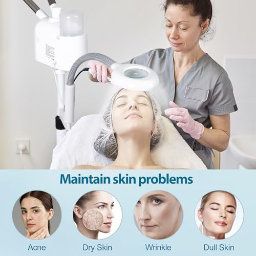 Professional 3 in 1 Facial Steamer Deep Cleaning Ozone Facial Steamer with 5X Magnifying Light & Rolling Wheels Hot/Cold Mist Function for Salon Spa Home Beauty Equipment, White