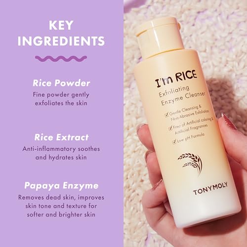 TONYMOLY I’m Rice Exfoliating Enzyme Cleanser – Rice Powder Face Wash & Papaya Enzyme Scrub, Gentle AHA Brightening Mask for Smooth Radiant Skin, 50g