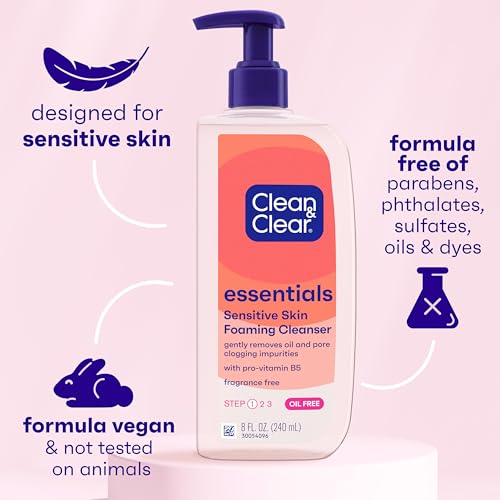 Clean & Clear Essentials Oil-Free Foaming Facial Cleanser, Daily Face Wash with Pro-Vitamin B5 Gently Removes Oil & Pore Clogging Impurities Without Drying Skin, Fragrance-Free, 8 fl. oz