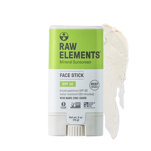 Raw Elements Face All-Natural Mineral Sunscreen Stick, Non-Nano Zinc Oxide, 95% Organic, Water-Resistant 80 Min, Reef Safe, All Ages Safe, SPF 30+, Travel Sunblock 0.5 oz