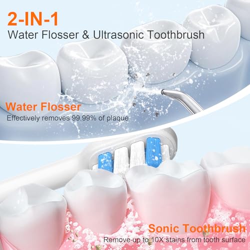 H2ofloss Sonic Electric Toothbrush and Water Flosser Combo, Rechargeable 2000mAh Toothbrush and 2500mAh Oral Irrigator with 300ml Tank, 4 Brush Heads, 5 Nozzles, 2 in 1 for Home and Travel (White)