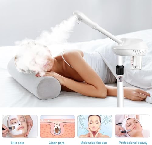 Professional Facial Steamer, Esthetician Steamer on Wheels with Hot Mist, Stand Face Steamer for Facial Deep Cleaning, Steamer for Facial for Personal Care or Spa, Moisturizing and Hydrating, White