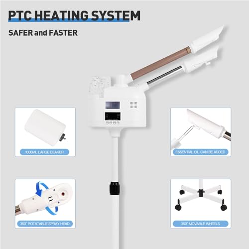 Facial Steamer with Hot & Cold Mist Function, 2 in 1 Facial Steamer with Ozone for Facial Deep Cleaning and Hydration, Esthetician Steamer on Wheels, Ideal for Salon Spa Home Beauty Equipment, White